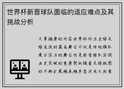 世界杯新晋球队面临的适应难点及其挑战分析