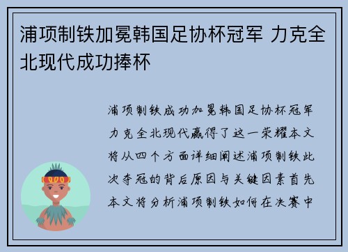 浦项制铁加冕韩国足协杯冠军 力克全北现代成功捧杯